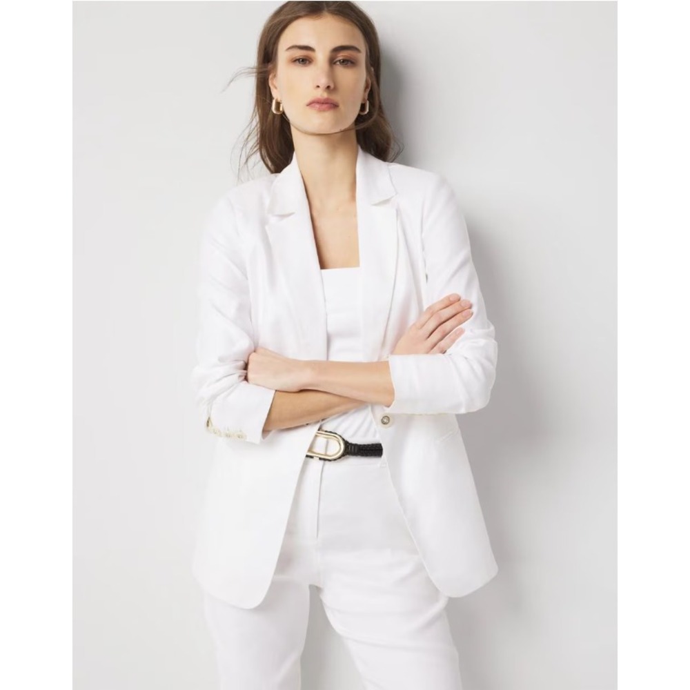 White House Black Market WHBM Longline Linen Blazer Jacket White 6 570389485